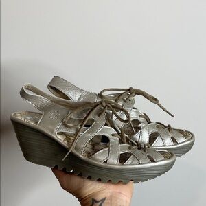 Fly London | Women’s Metallic Silver Lace Up Wedge Sandals Size 7